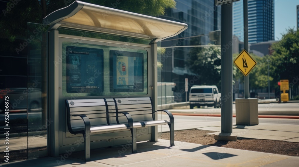Poster a picture of a bus stop with a bench situated on the side of the road. suitable for transportation, 