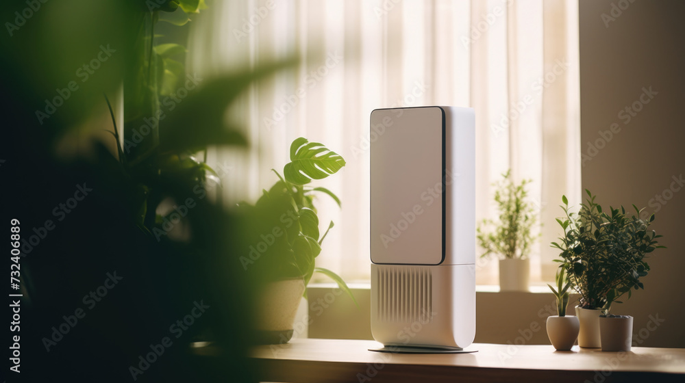 Poster a white air purifier sits on top of a wooden table. this image can be used to depict a clean and hea
