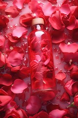 A bottle of red liquid surrounded by rose petals. Perfect for romantic occasions or beauty and skincare concepts