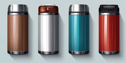 Three different colored thermos bottles on a neutral gray background. Versatile and practical, perfect for any beverage-related design projects - obrazy, fototapety, plakaty