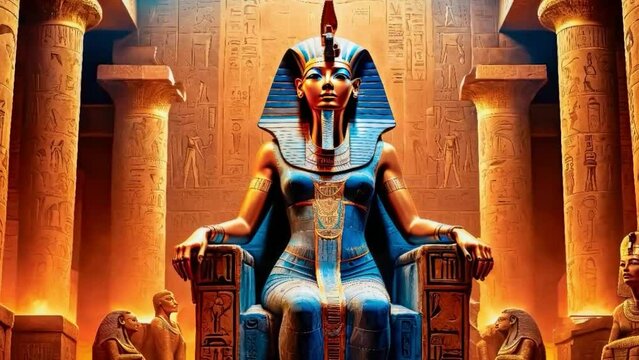 The beautiful Egyptian goddess-pharaoh Hatshepsut sits on a golden throne in the Dendera temple