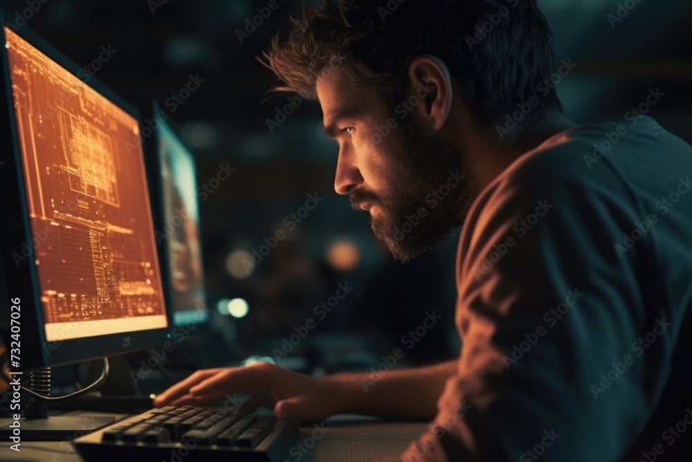 Fototapete A man sitting in front of a computer monitor. Suitable for illustrating concepts related to technology, work, and productivity