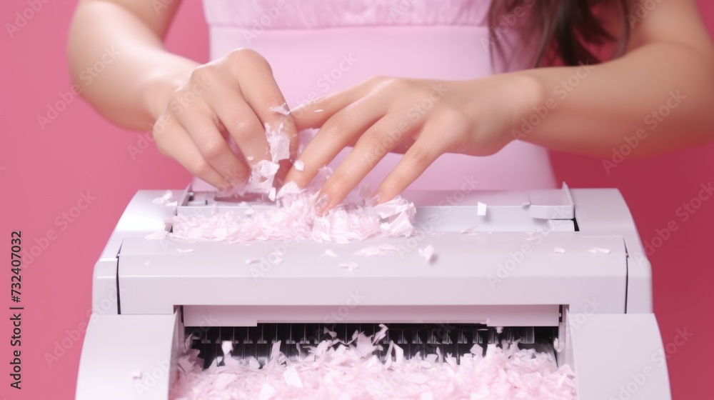 Poster A woman in a pink dress is seen shredding a piece of paper. This image can be used to represent concepts such as data protection, identity theft, or document destruction