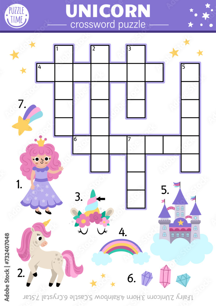 Wall mural vector unicorn crossword puzzle for kids. simple fantasy country quiz with fairy, rainbow, crystals,