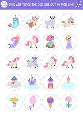 Find the odd one out. Unicorn logical activity for kids. Fantasy or magic world educational quiz worksheet for attention skills. Printable fairytale game with fairy, mermaid, narval, castle.