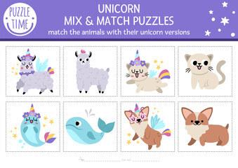 Vector mix and match puzzle with cute animals turned into unicorns. Matching fairytale activity for preschool kids. Magic, fantasy printable game with cat, corgi dog, llama, rainbow, narval