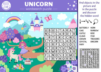 Vector unicorn wordsearch puzzle for kids. Simple word search quiz with fantasy country landscape. Educational activity with castle, rainbow, fairy. Cross word with magic world map.