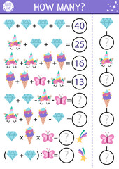 Fairytale how many crystals game, equation or rebus. Unicorn math activity for school children. Magic world simple printable counting worksheet for kids with ice cream, butterfly, horn