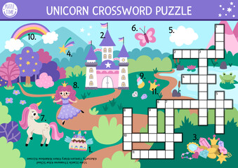 Vector unicorn crossword puzzle for kids. Simple quiz with fantasy country landscape for children. Educational activity with castle, rainbow, fairy. Cute cross word with magic world scene.
