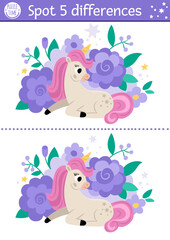 Unicorn find differences game for children. Fairytale educational activity with sitting horse with horn with flower background. Cute puzzle for kids with funny fantasy character.