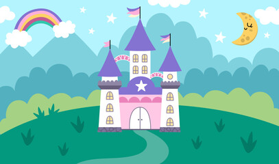 Vector horizontal background with unicorn castle, field, clouds, stars, rainbow. Fantasy world scene with palace, towers, moon. Fairytale landscape. Cute night kingdom illustration for kids .