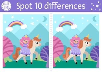 Unicorn find differences game for children. Activity with fairy girl riding horse on night fairytale background. Cute puzzle for kids with funny fantasy characters. Printable worksheet.