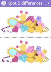 Find differences game for children with unicorn treasures. Fairytale educational activity with crystals heap with crown. Cute puzzle for kids with funny fantasy characters. Printable worksheet, page.