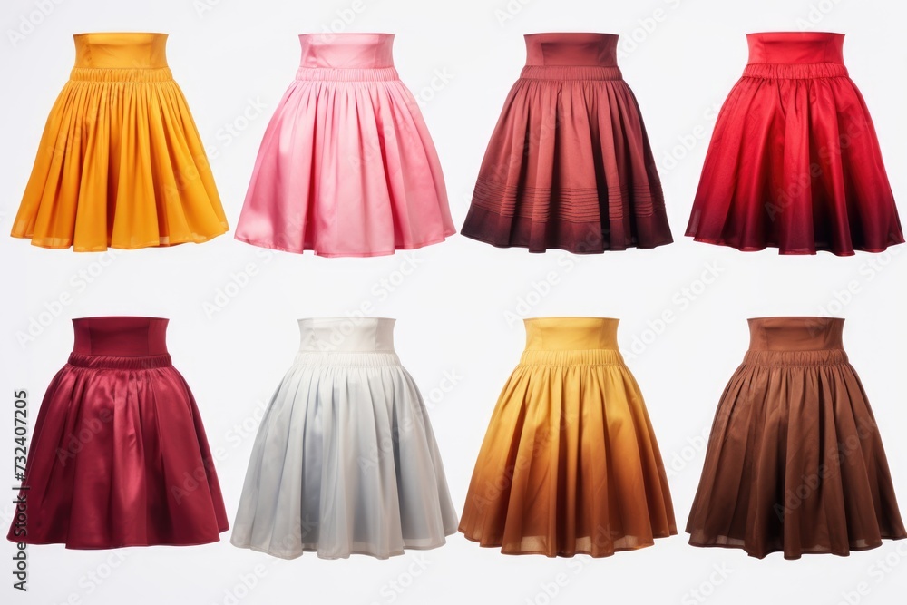 Poster A collection of various colored skirts placed on a clean white surface. Ideal for fashion-related projects or showcasing different styles and designs