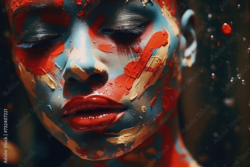 Poster A close-up view of a person with paint on their face. This image can be used for various purposes