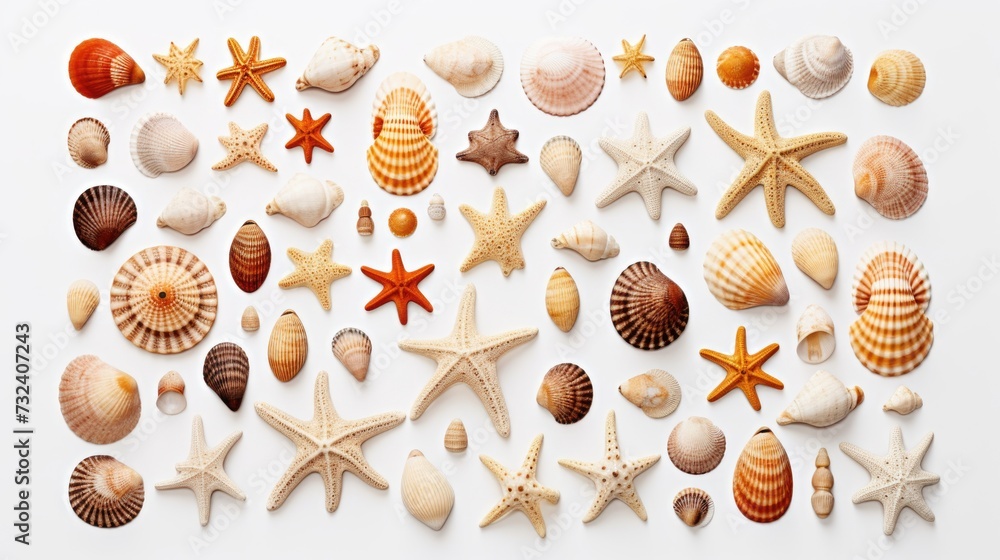 Aufkleber a collection of different types of shells displayed on a white table. perfect for beach-themed desig