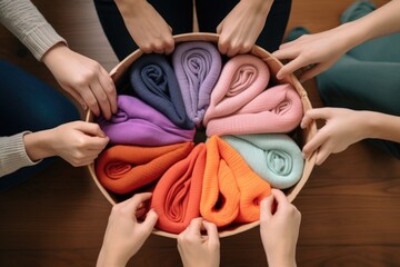 Naklejka premium A group of people holding a basket filled with neatly folded towels. This image can be used to depict teamwork, hospitality, or a spa setting