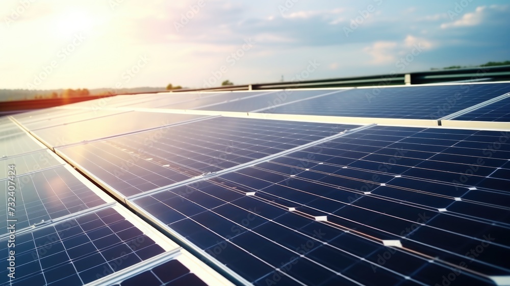 Poster a photo of a solar panel installed on a roof. this picture can be used to showcase the use of renewa