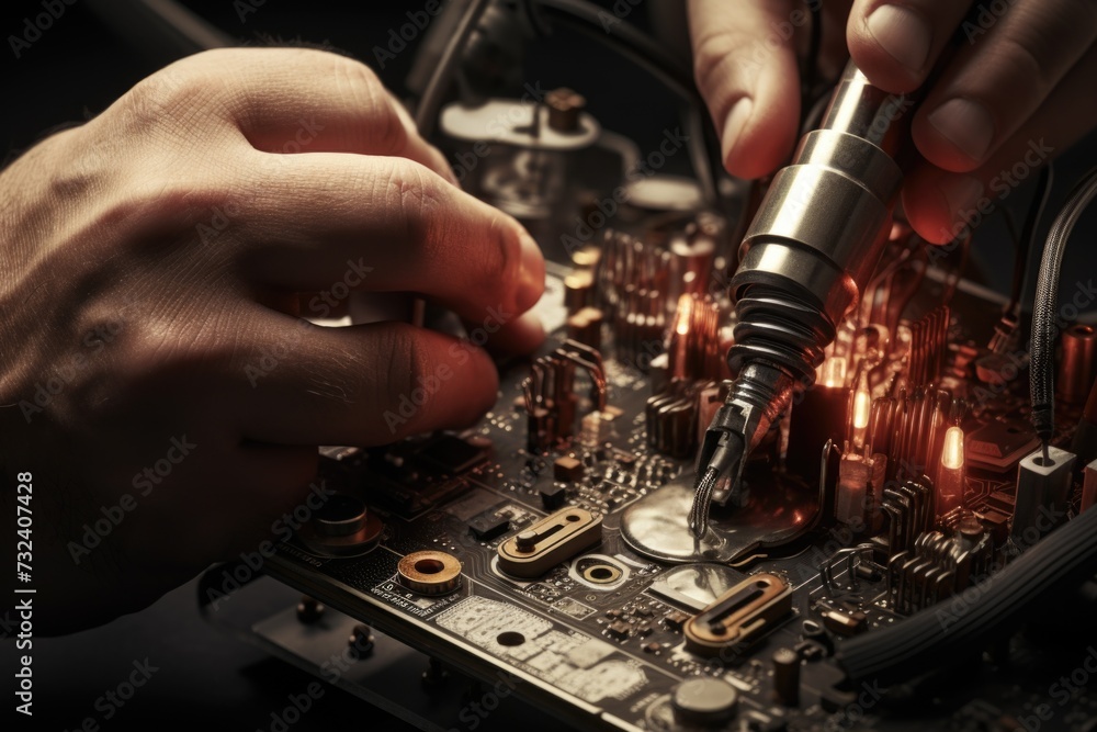 Poster close-up shot of a person working on a circuit board. this image can be used to depict technology, e