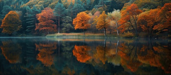 A picturesque autumnal landscape featuring a serene lake with trees mirrored in the calm water, surrounded by a vibrant natural backdrop of plants, flowers, and grass.