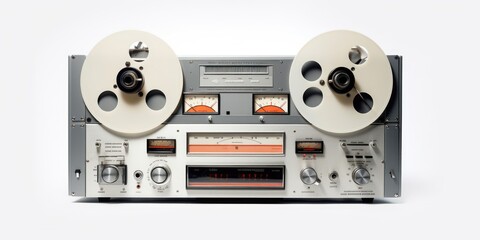 A stereo tape recorder with two reels on top. Can be used to capture and play back audio recordings. Ideal for music production, podcasting, and sound editing