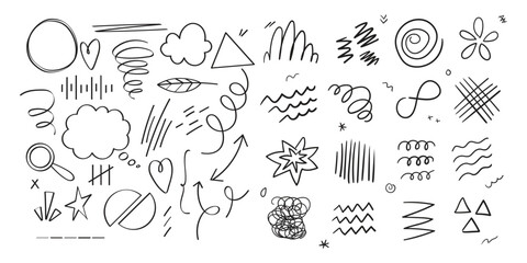 Set of cute pen line doodle element vector. Hand drawn doodle style collection of heart, arrows, scribble, speech bubble, star. Cute isolated collection for office