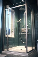 A modern bathroom with a glass shower stall and a toilet. Perfect for showcasing bathroom fixtures and design.