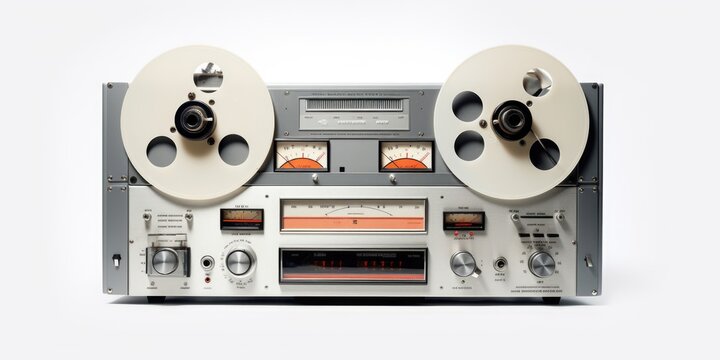 A stereo tape recorder with two reels on top. Can be used to capture and play back audio recordings. Ideal for music production, podcasting, and sound editing