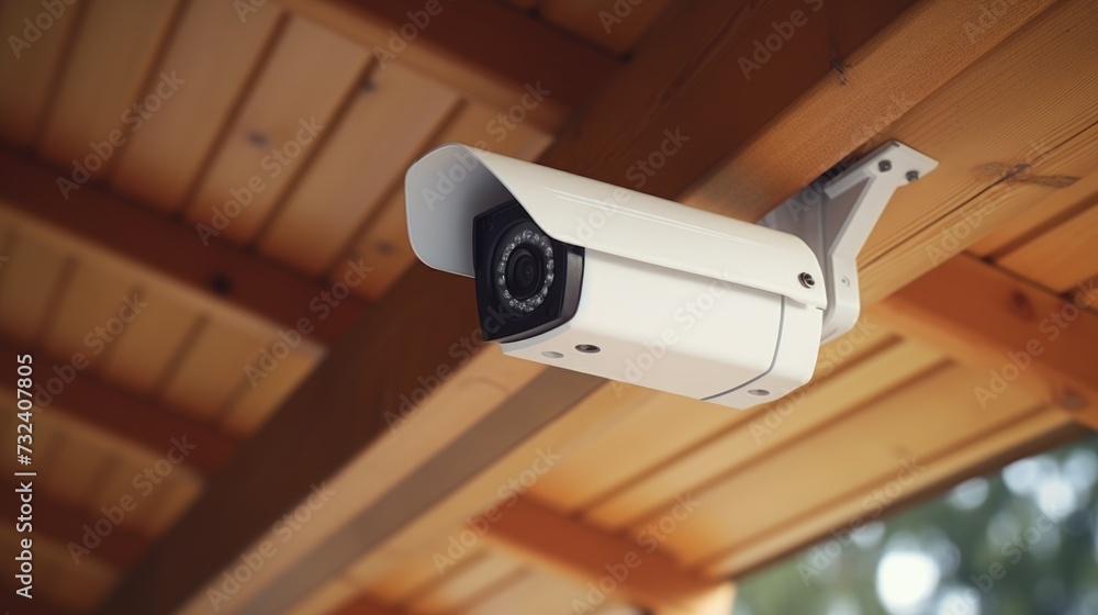 Poster a security camera mounted on the side of a building. can be used to monitor and protect property