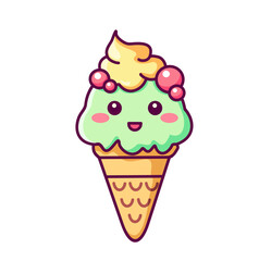 Cute waffle cone ice cream. Kawaii style with funny face. Cartoon sweet character. Cute cartoon vector Illustration