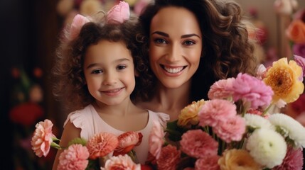 A woman and a little girl are holding a bouquet of flowers. This image can be used to represent love, family, or special occasions