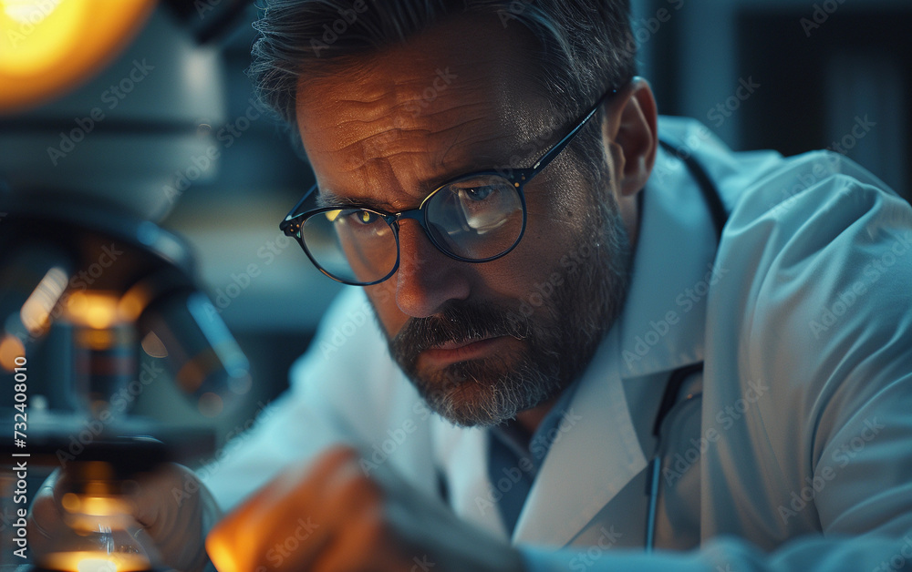 Poster scientist in lab coat examining an object