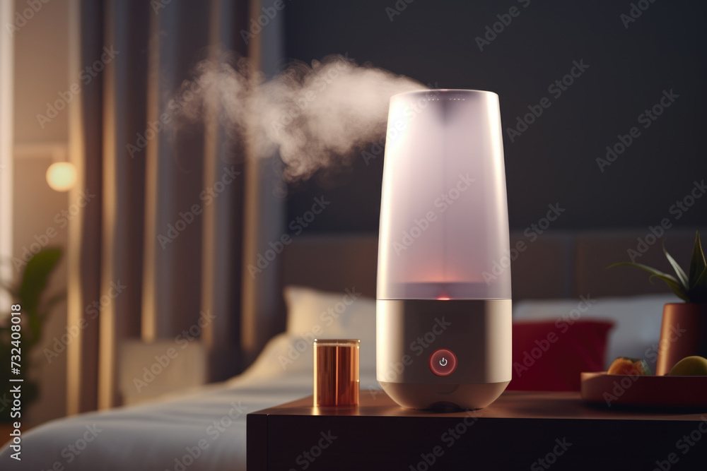 Poster a compact and straightforward description of a humidifier sitting on top of a wooden table.