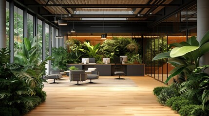 Modern eco-friendly office space with abundant indoor plants, natural wood floors, and open-plan workstations.
