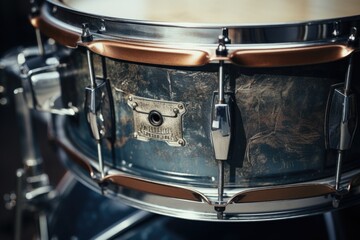 A detailed close-up of a snare on a drum. Perfect for music-related projects or capturing the rhythm and energy of a live performance - obrazy, fototapety, plakaty