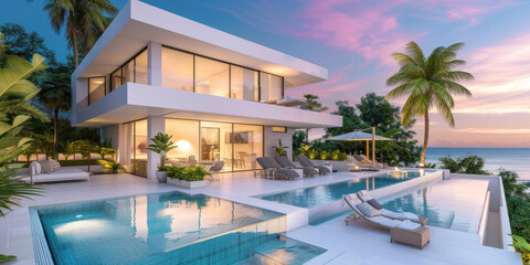 Fototapeta na wymiar Exterior modern white villa with pool and garden, sea view, and many tropical plants at sunset