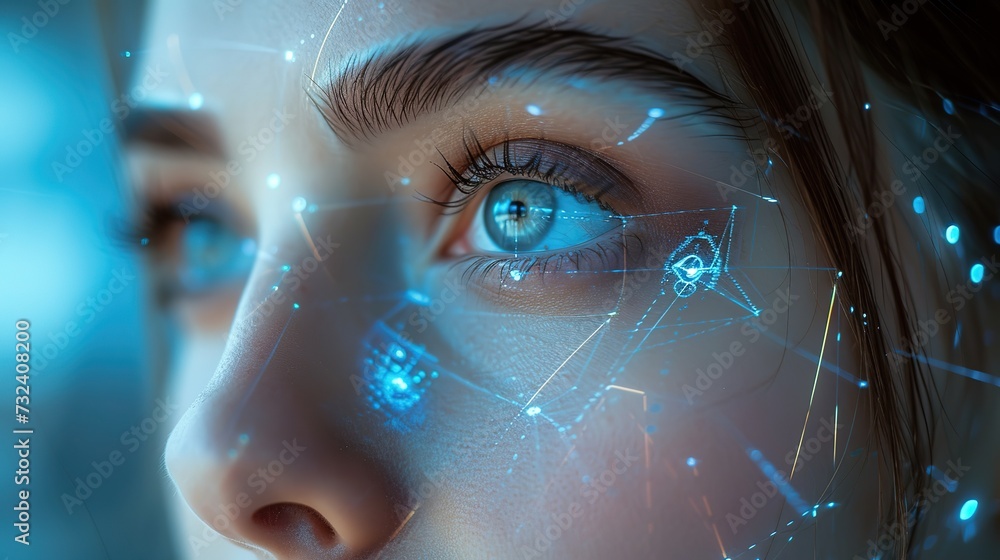 Poster close-up of a woman's eye with intricate biometric scanning graphics, suggesting advanced identity v