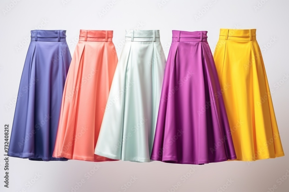 Poster a row of different colored skirts hanging from a line. perfect for fashion-related projects and clot