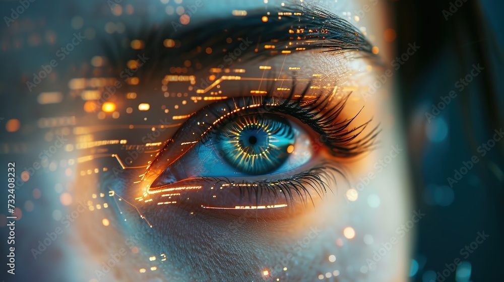 Poster a macro view of a human eye with glowing orange digital patterns, illustrating cutting-edge eye reco