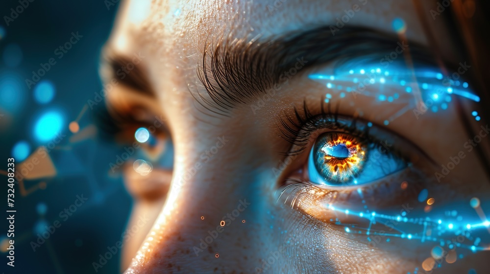 Poster macro shot of an eye with dynamic digital elements, symbolizing advanced biometric scanning technolo