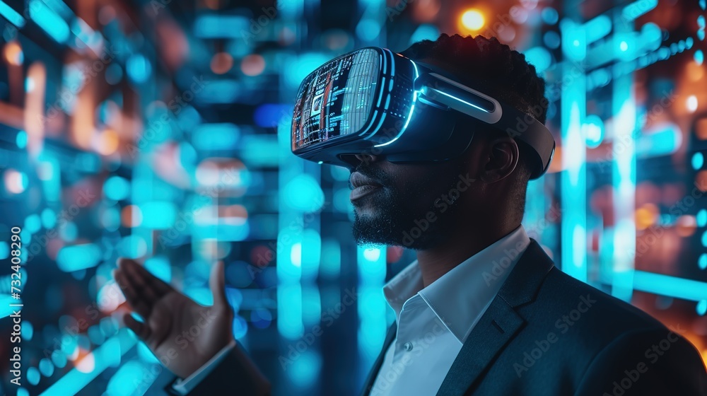 Poster A businessman in a suit explores a complex virtual reality interface, using a VR headset to navigate through a data-driven digital world.