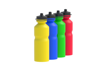 Row of colorful sport water bottles isolated on white background. 3d render