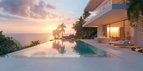 Exterior modern white villa with pool and garden, sea view, and many tropical plants at sunset