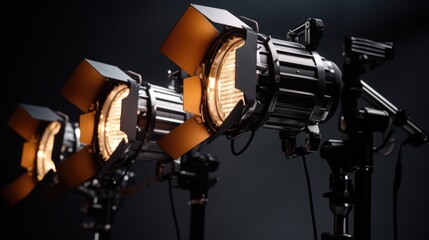 A row of spotlight lights shining on a black background. Can be used for stage performances or highlighting a specific area.