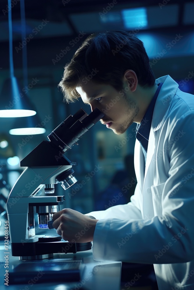 Aufkleber a man wearing a lab coat is focused as he looks through a microscope. this image can be used to illu