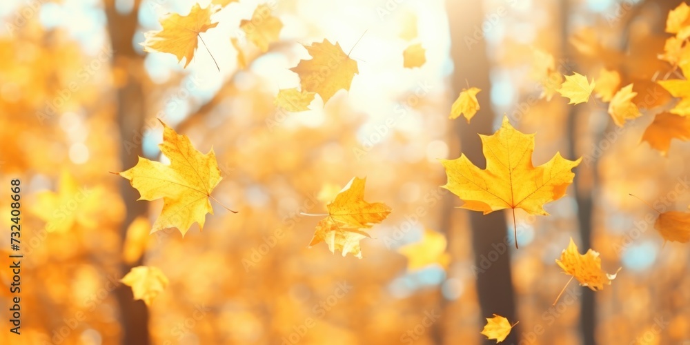 Poster a mesmerizing image capturing a bunch of yellow leaves gracefully soaring through the air. perfect f