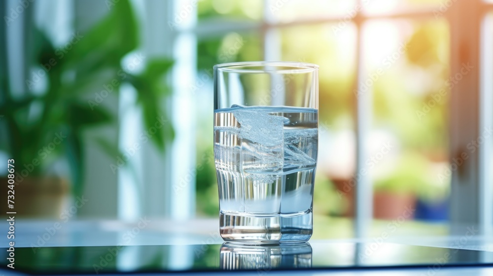 Poster a simple image of a glass of water placed on top of a table. perfect for illustrating hydration, ref