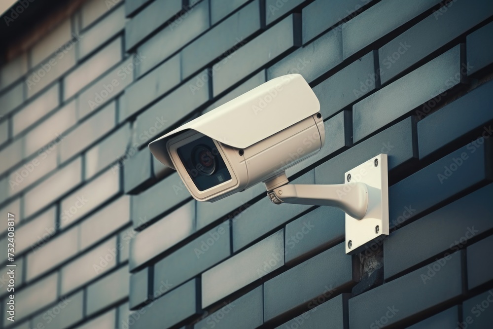 Poster A security camera mounted on the side of a building. Suitable for surveillance and security-related concepts