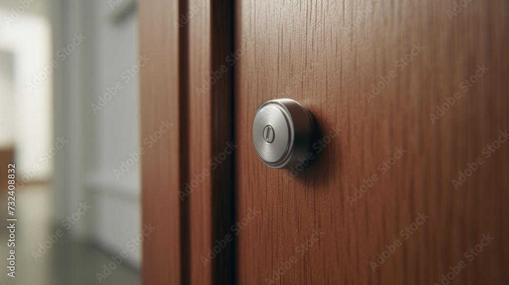 Poster A close-up shot of a door handle on a wooden door. Perfect for adding a rustic touch to any project or design