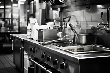 A black and white photo capturing the interior of a kitchen. This image can be used to showcase modern kitchen designs or to illustrate articles about home decor and renovation